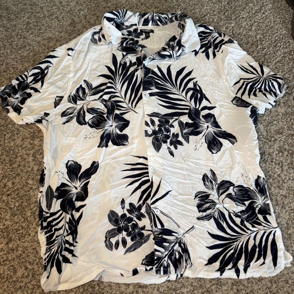 Express Mens XL Tropical Floral Button Down Shirt Navy White Short Sleeve Summer
